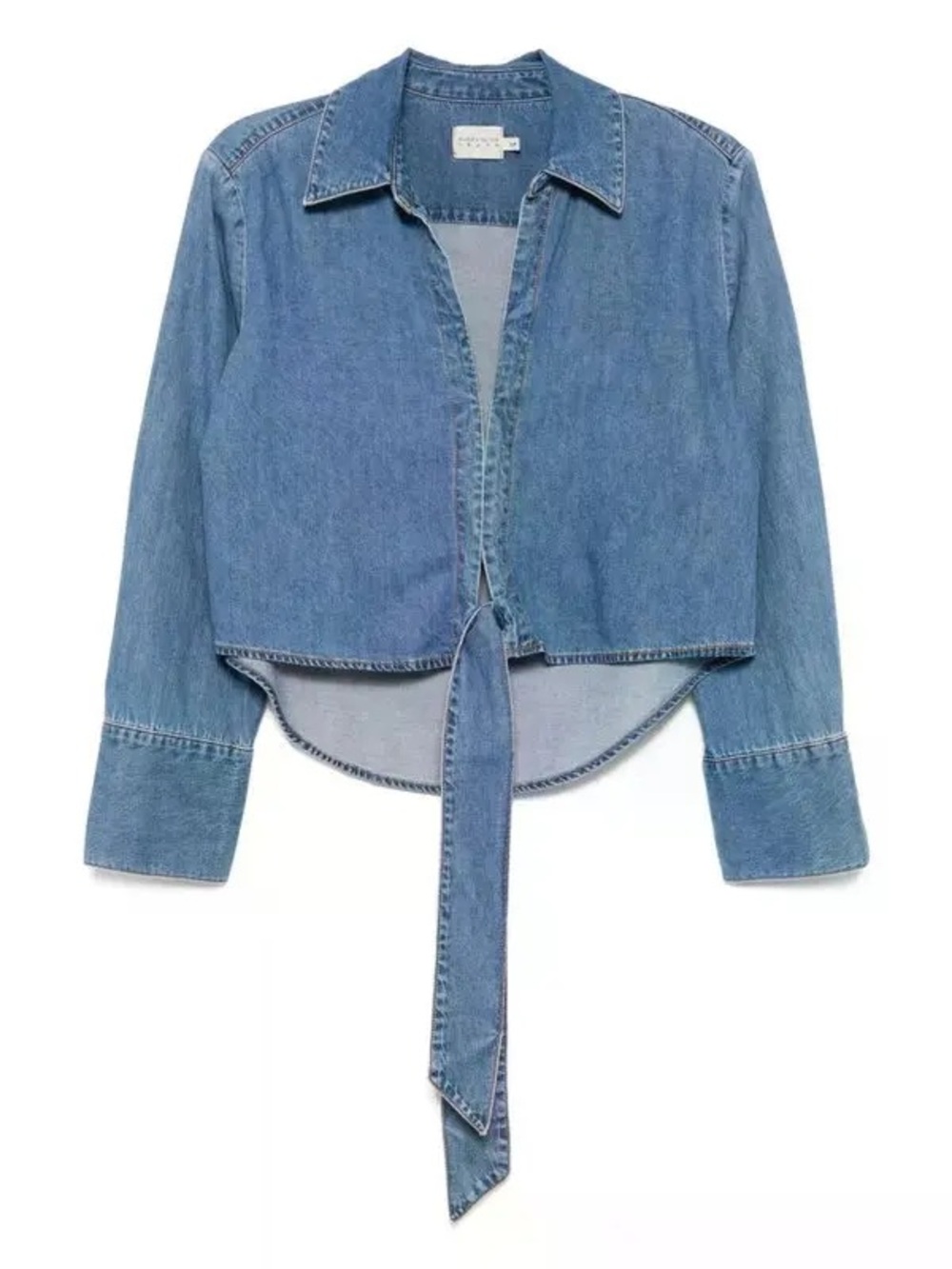 Alice + Olivia Hannon Chambray Tie Front Blouse in Medium Indigo Chambray